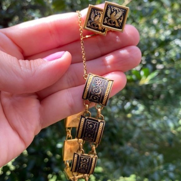 VTG Spanish Damascene Square Gold Link Bracelet and Earrings SET - Picture 4 of 10